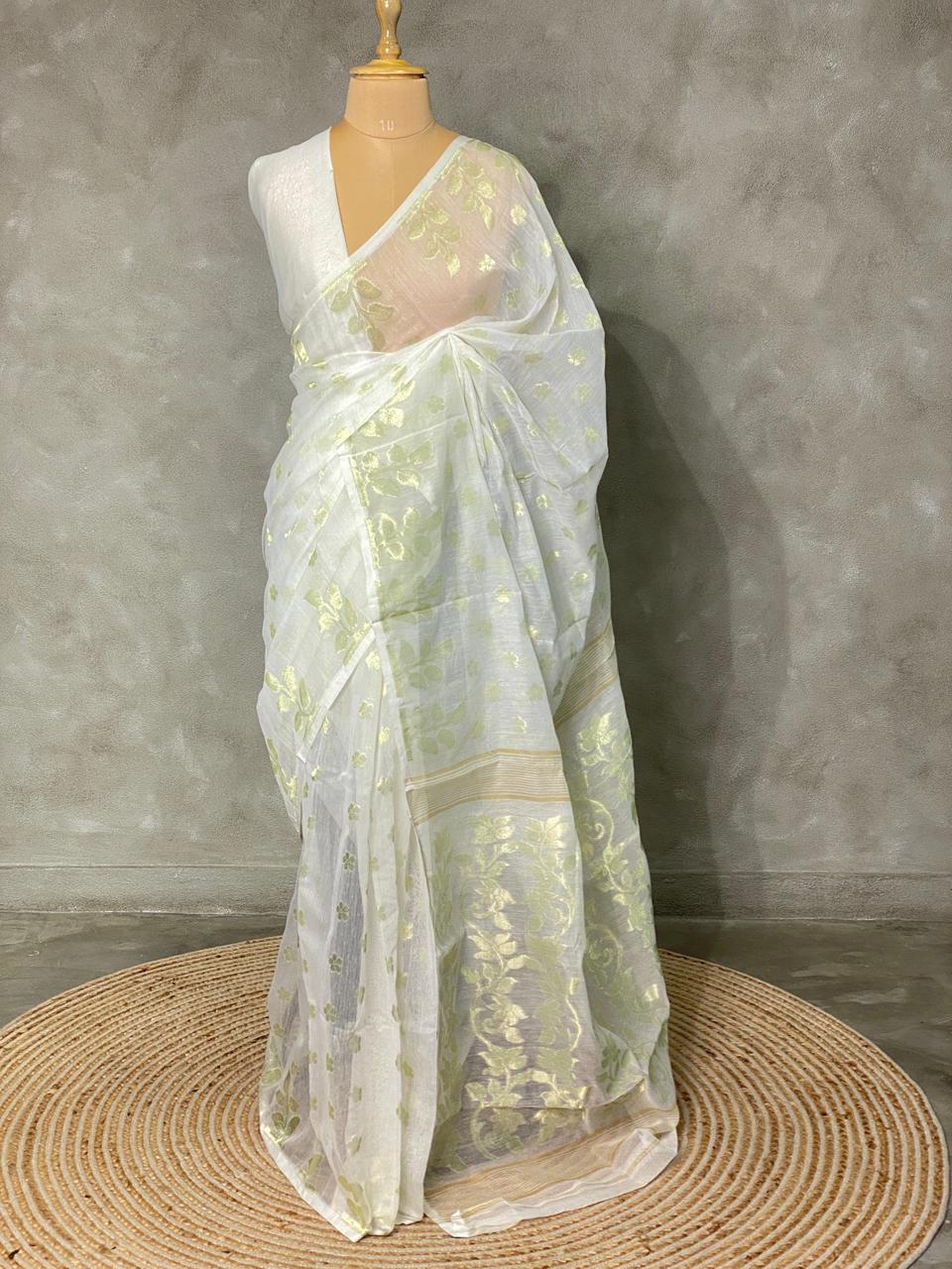 Cotton jamdani saree inpastal green- PSCJ13