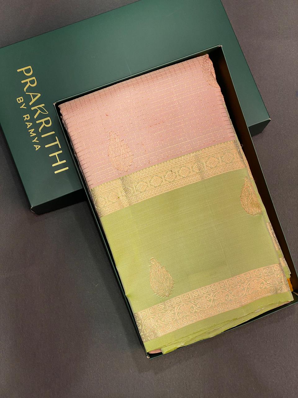 Pastal peach and Green Pure Kanchipuram Silk saree - PPSILK54