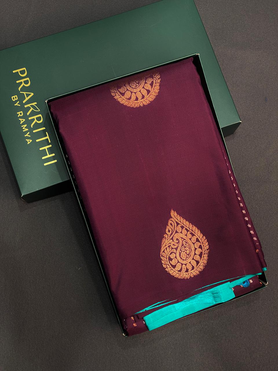 Dark maroon and Turquoise Pure Kanchipuram Silk saree - PPSILK55