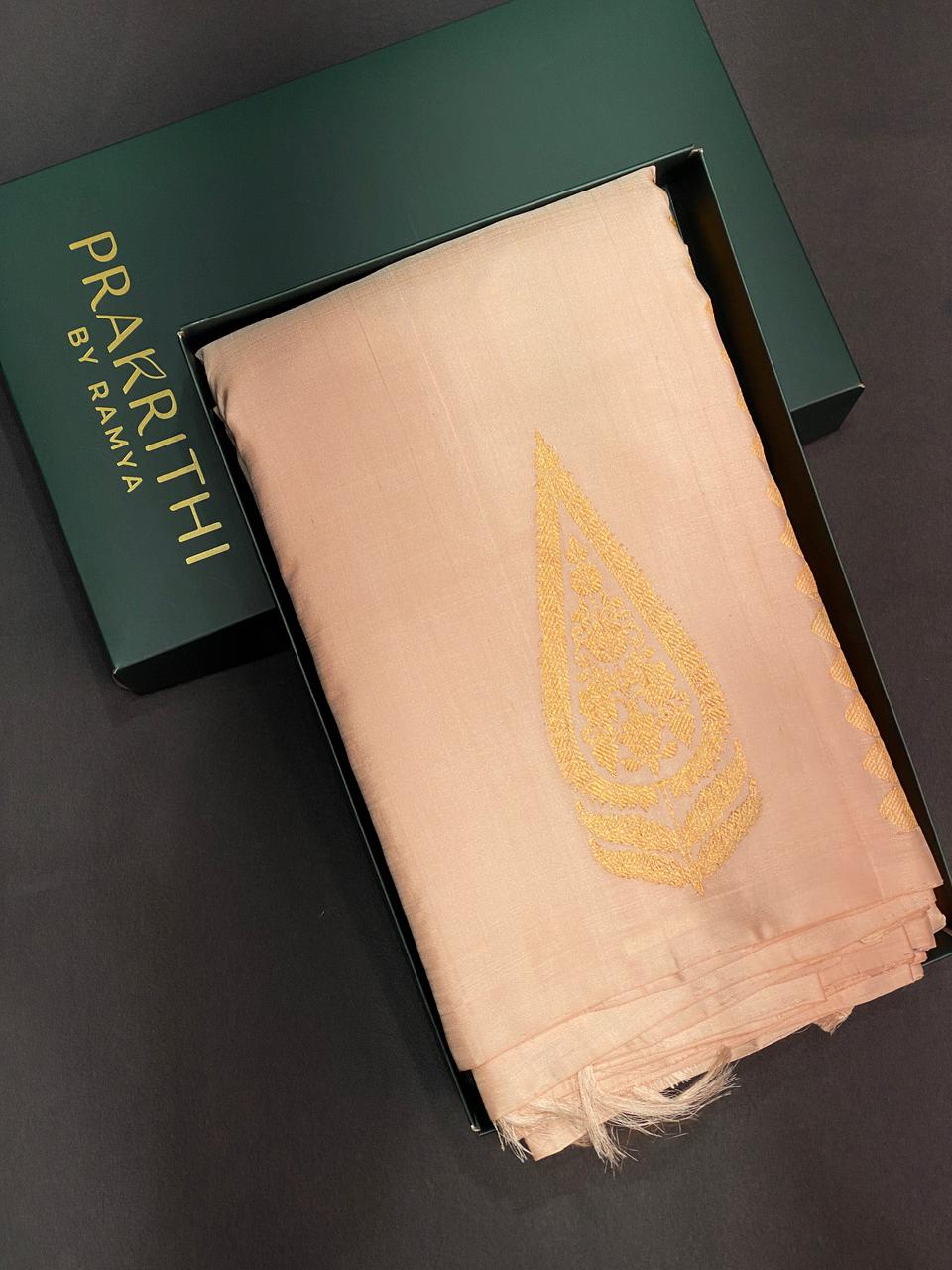 Pastel sandal peach pure handloom Kanchipuram silk saree- PPSILK56