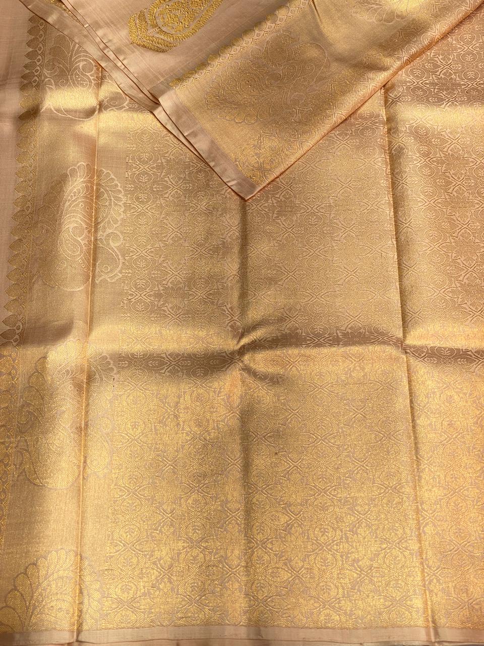 Pastel sandal peach pure handloom Kanchipuram silk saree- PPSILK56