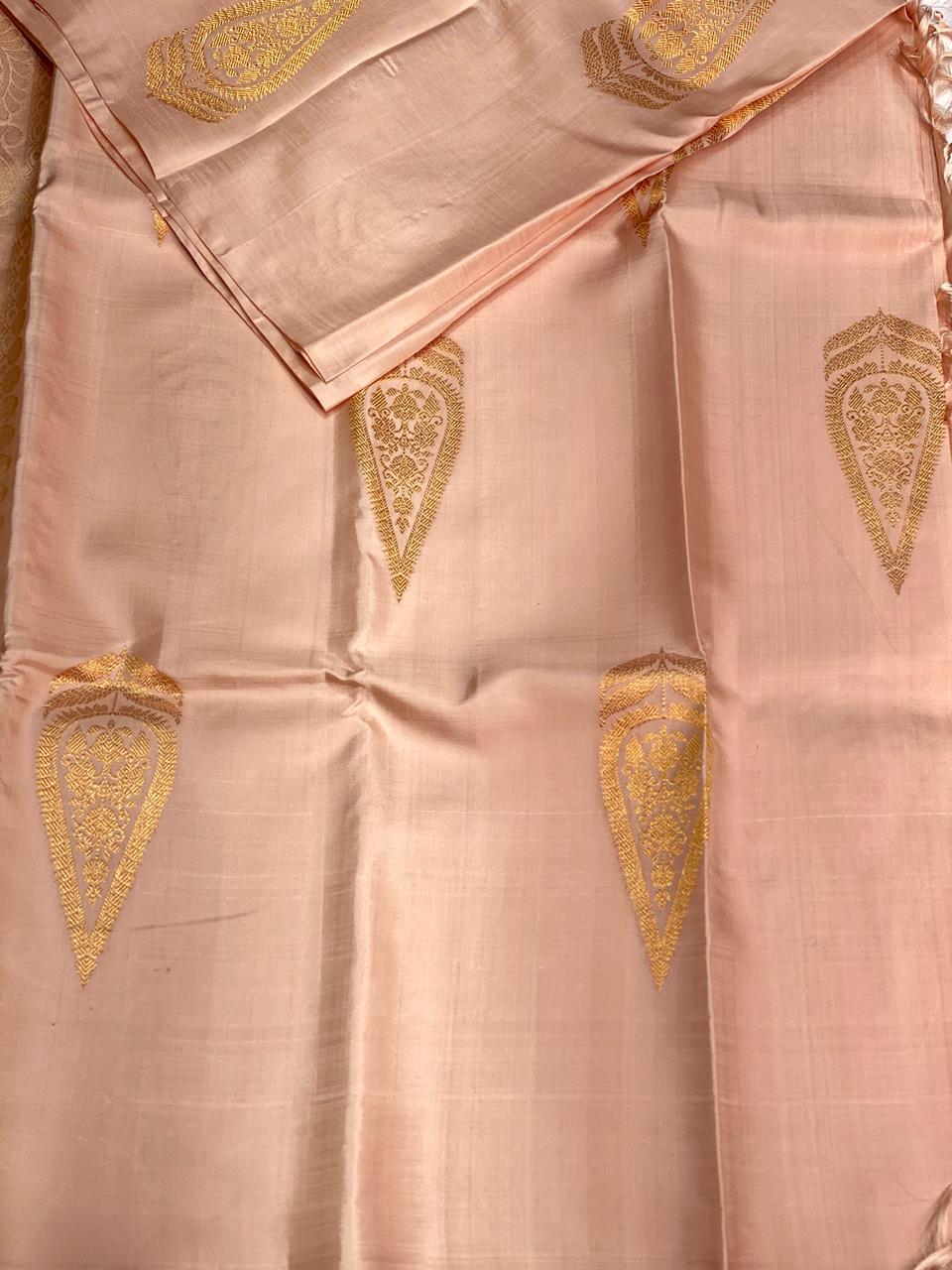 Pastel sandal peach pure handloom Kanchipuram silk saree- PPSILK56