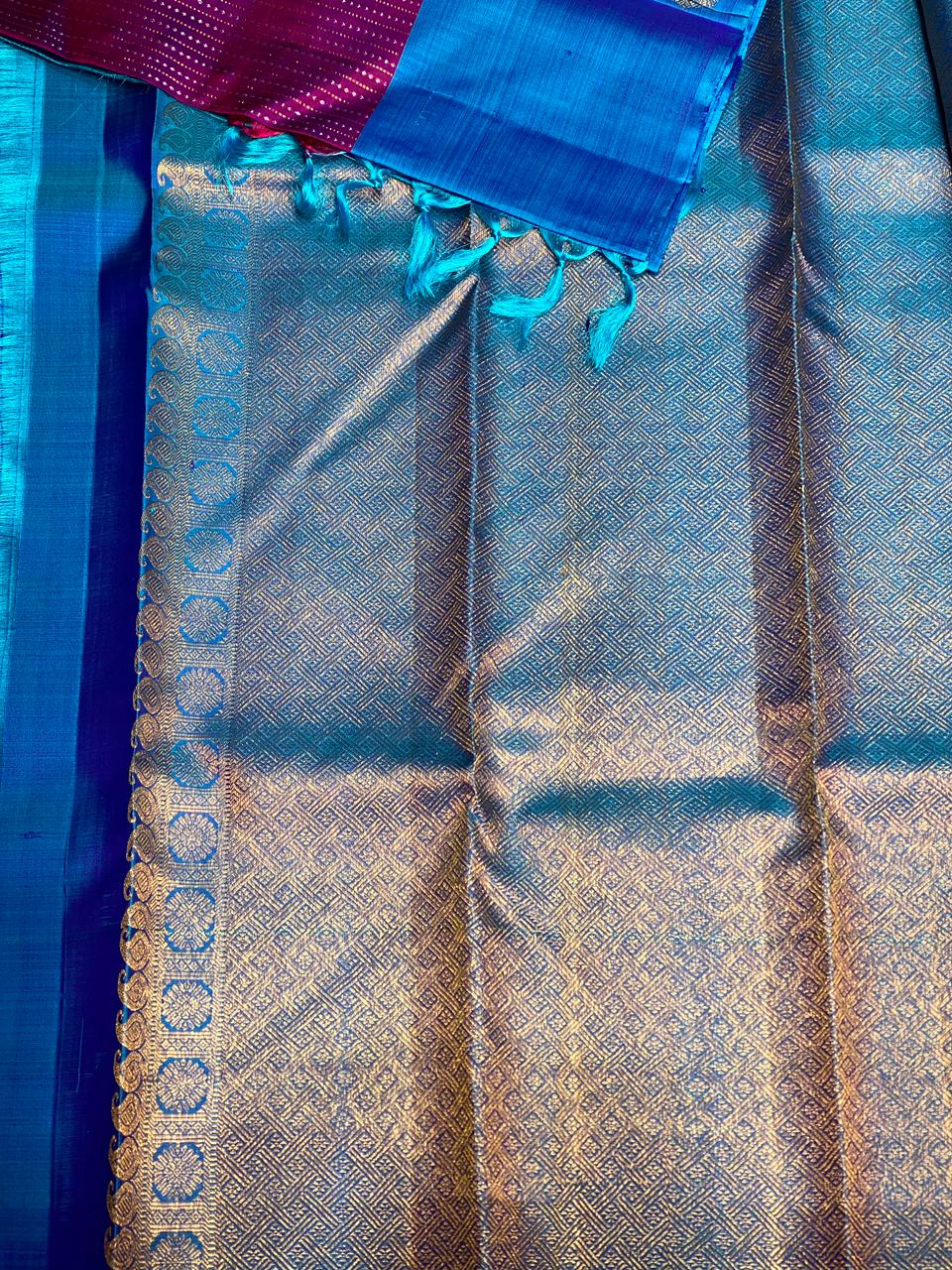 Purple and blue classic vintage Kanchipuram silk saree- PPSILK58