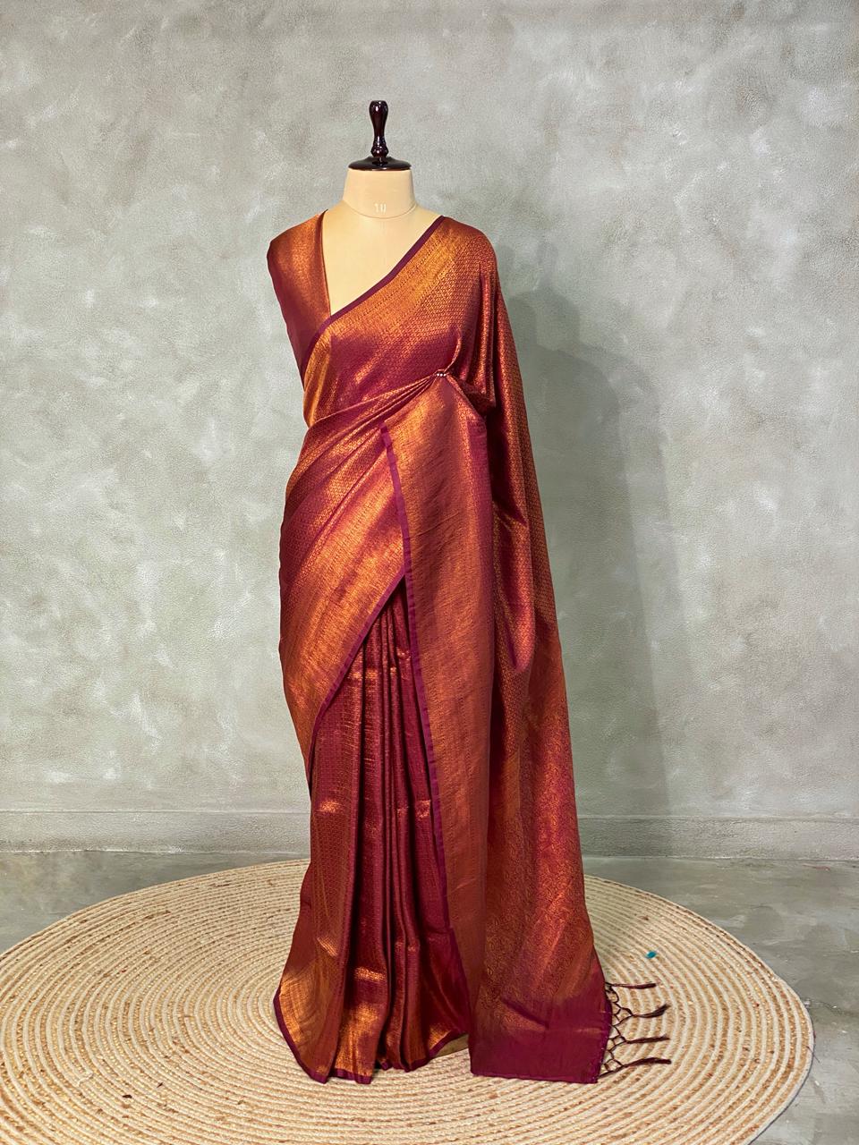 Dark wine semi banarasi Saree -PBL16