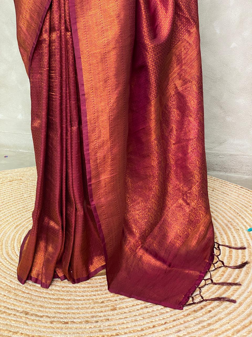 Dark wine semi banarasi Saree -PBL16