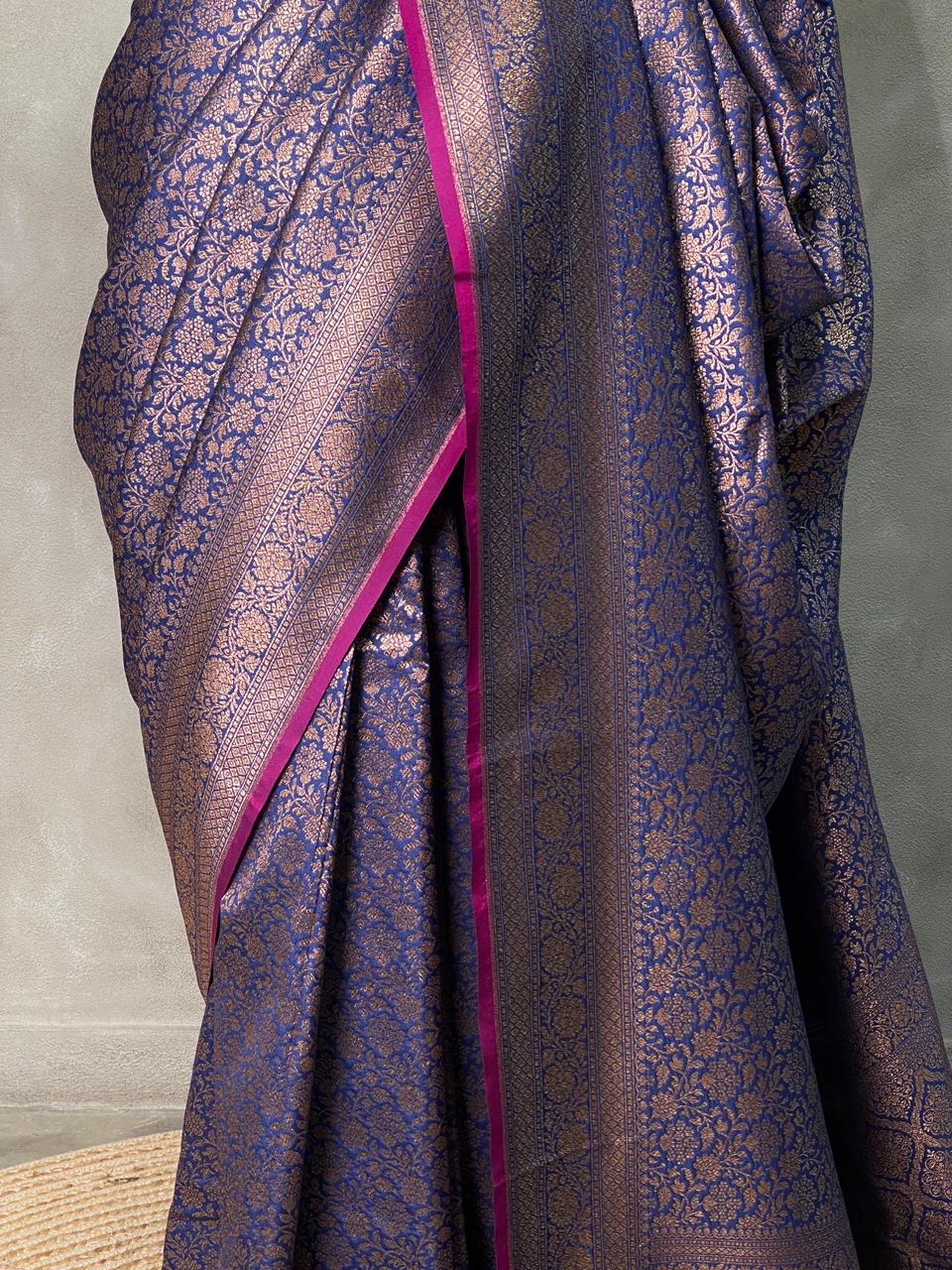 Navy blue Semi katan Banarasi silksaree - PSB07g