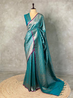 Peacock Blue Semi katan Banarasi silk saree - PSB07L