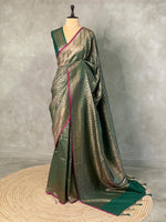 Dark Green Semi katan Banarasi silk saree - PSB07N