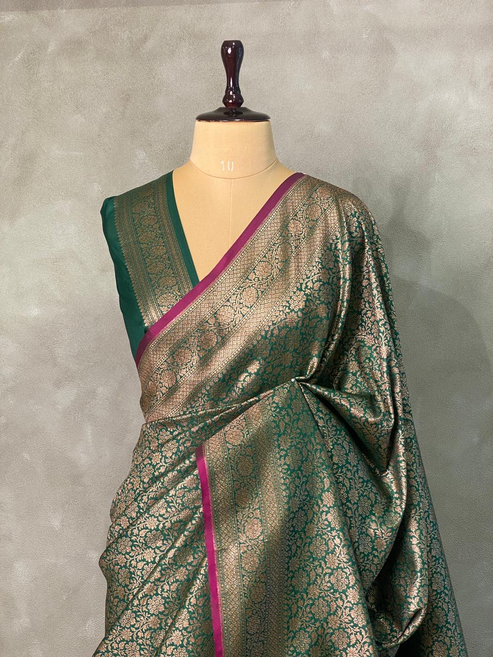 Dark Green Semi katan Banarasi silk saree - PSB07N