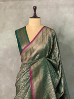 Dark Green Semi katan Banarasi silk saree - PSB07N