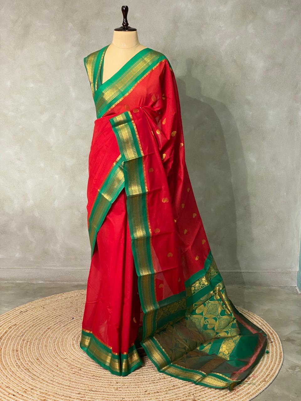 Red and Green Chanderi saree- PCS06R