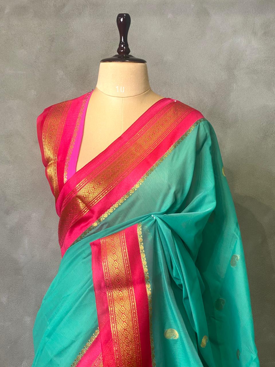 Turquoise blue and magenta Chanderi saree- PCS06T