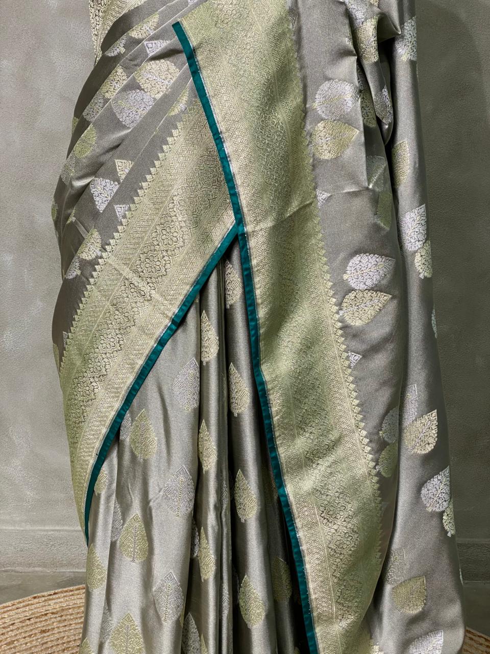 Grey and Green pure zatin Banarasi saree- PBSZ3