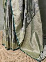 Grey and Green pure zatin Banarasi saree- PBSZ3