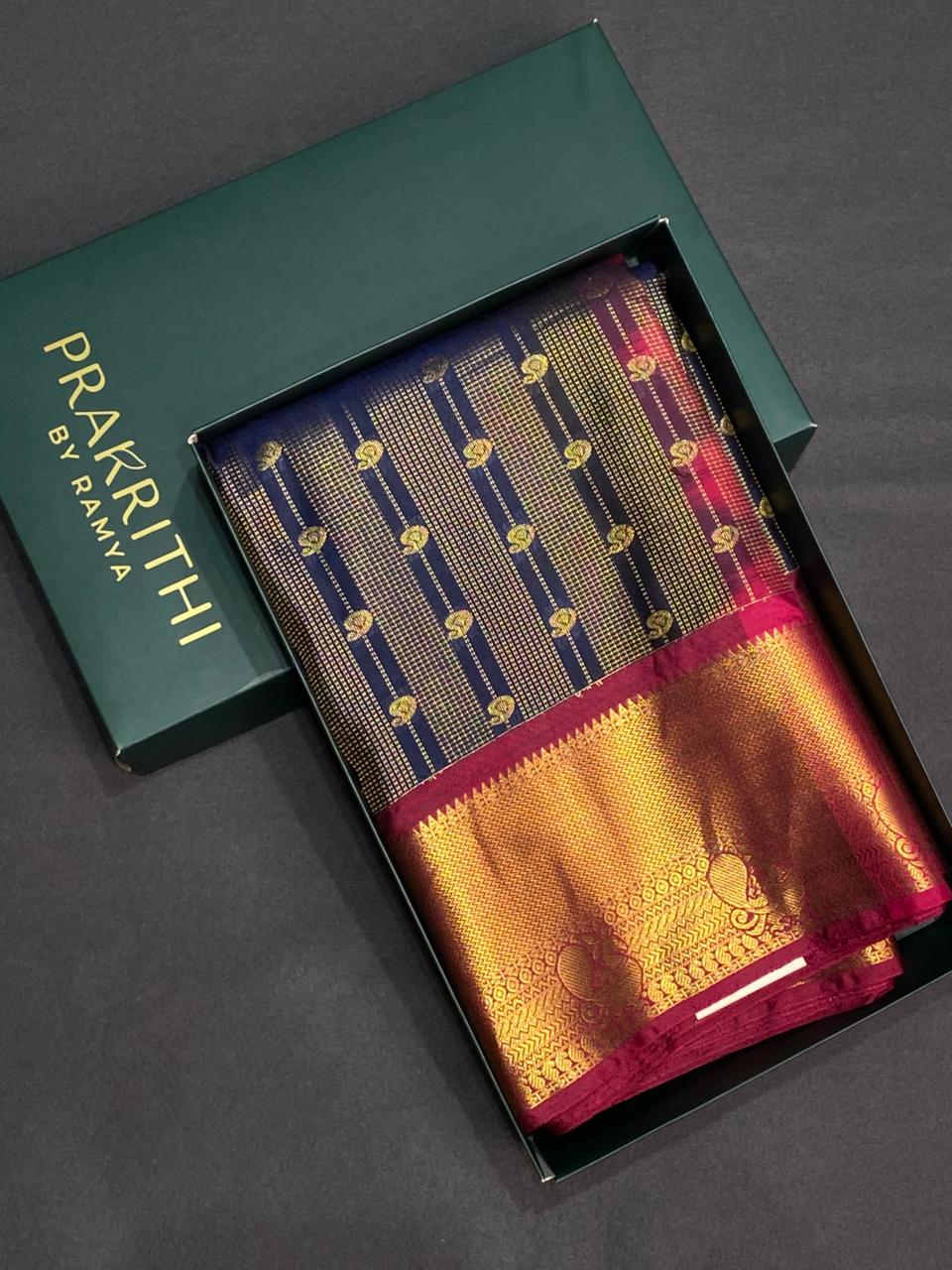 Navy blue and magenta silk saree- PSSR30