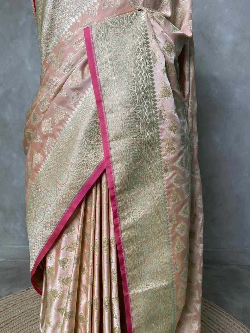 Pastal peach and light goldpure zatin Banarasi saree- PBSZ6