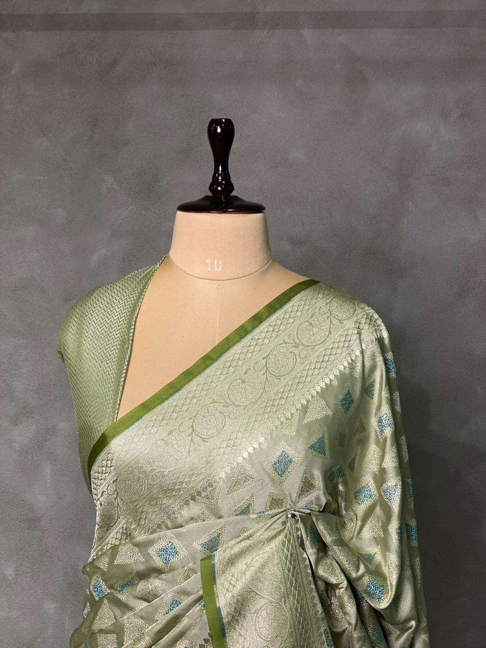 Pastal green and light goldpure zatin Banarasi saree- PBSZ7