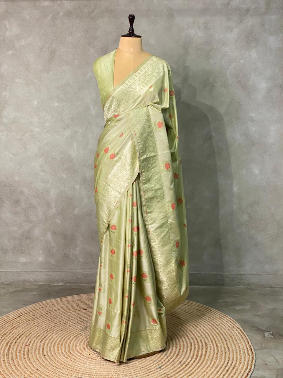 Pastal green and light goldpure zatin Banarasi saree- PBSZ9
