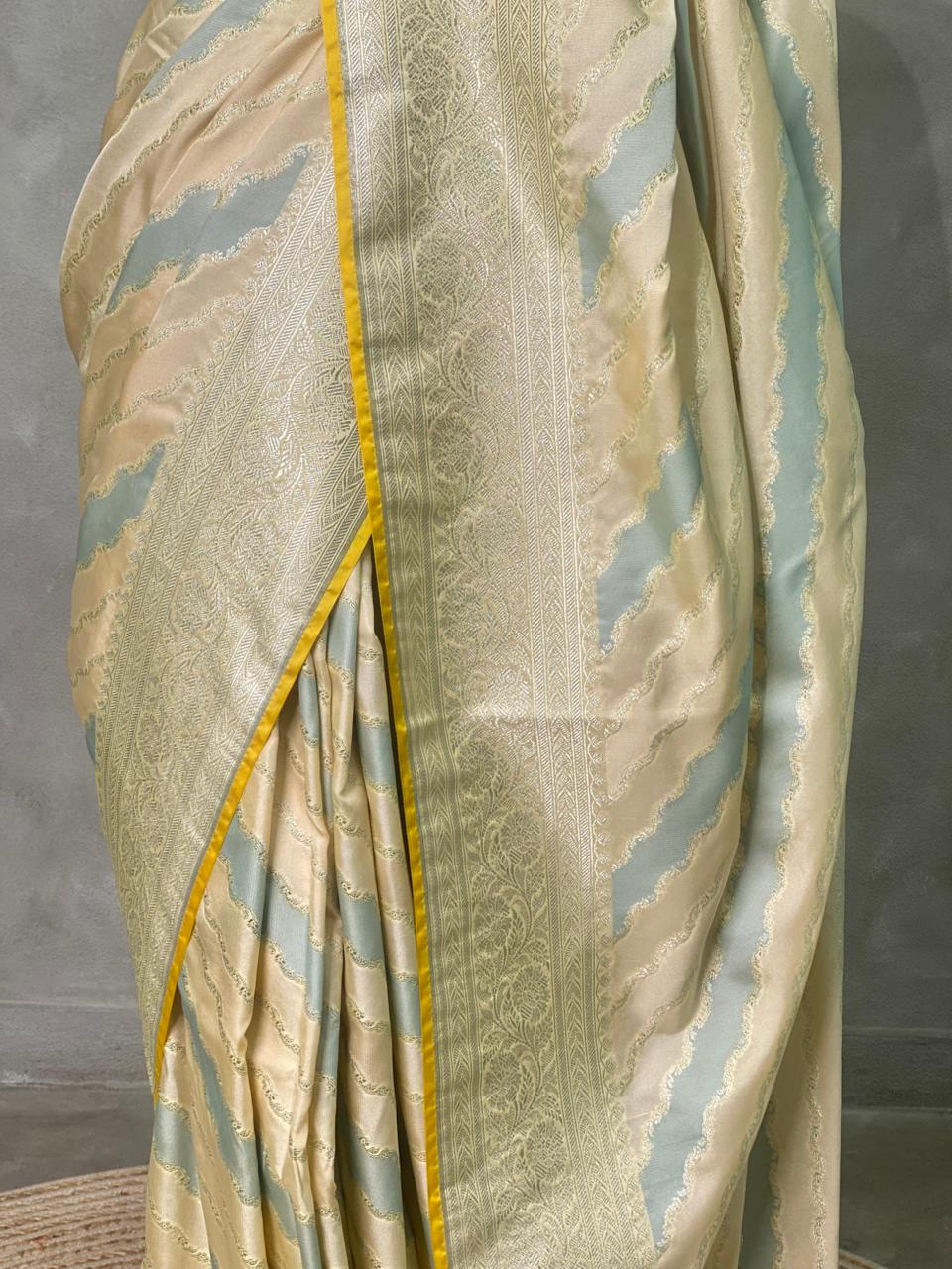 Pastal yellow and blue and light goldpure zatin Banarasi saree- PBSZ10