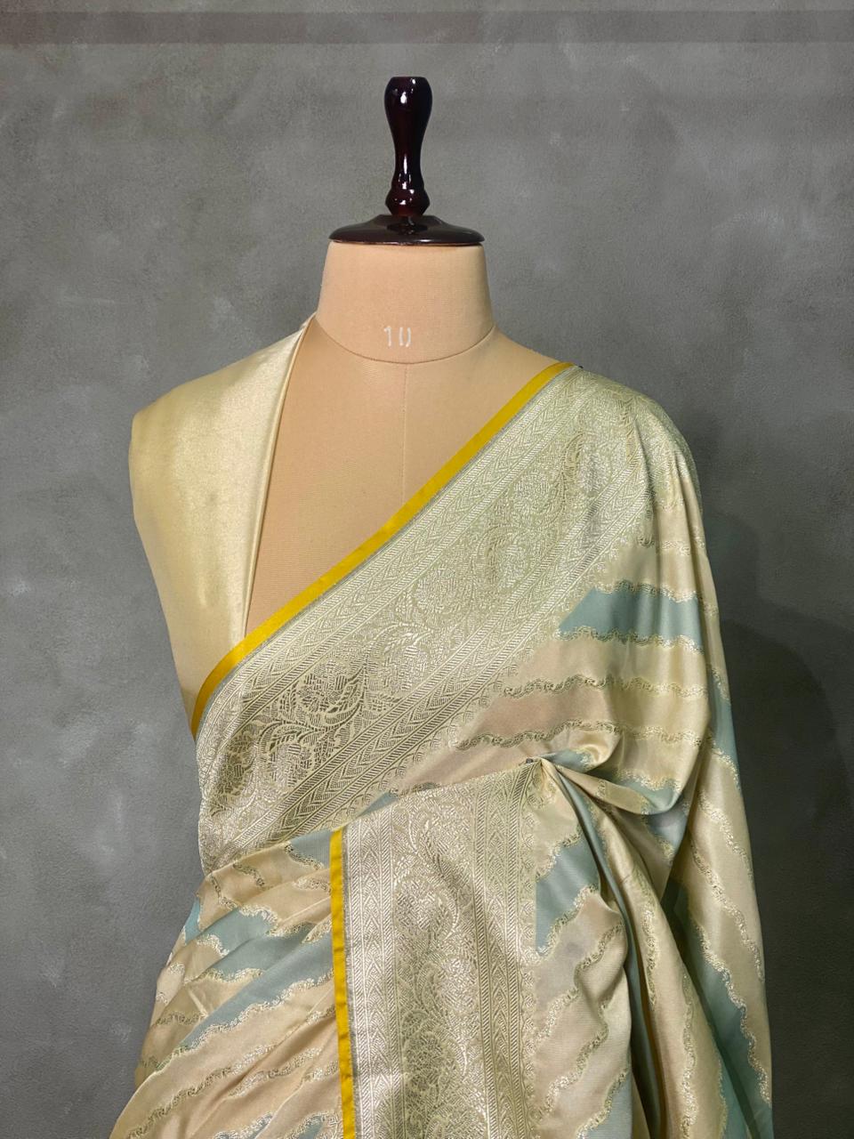 Pastal yellow and blue and light goldpure zatin Banarasi saree- PBSZ10
