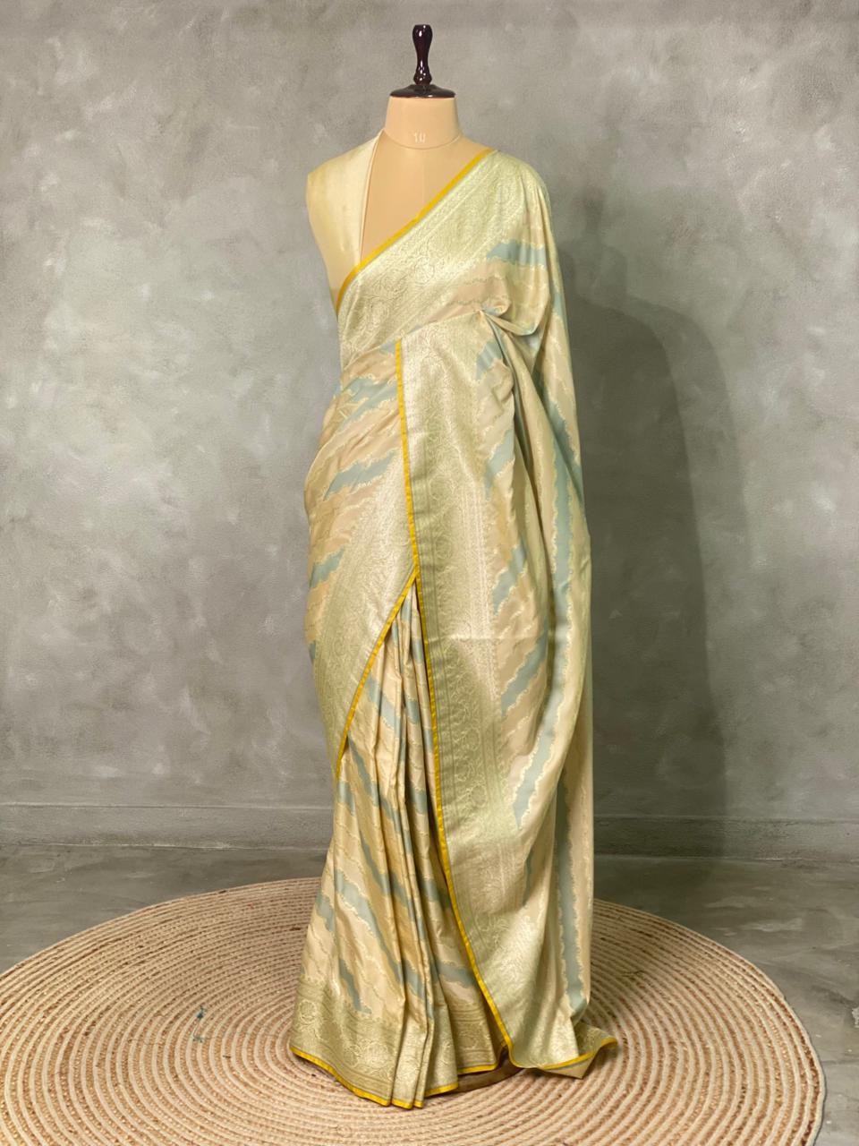 Pastal yellow and blue and light goldpure zatin Banarasi saree- PBSZ10