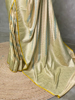 Pastal yellow and blue and light goldpure zatin Banarasi saree- PBSZ10