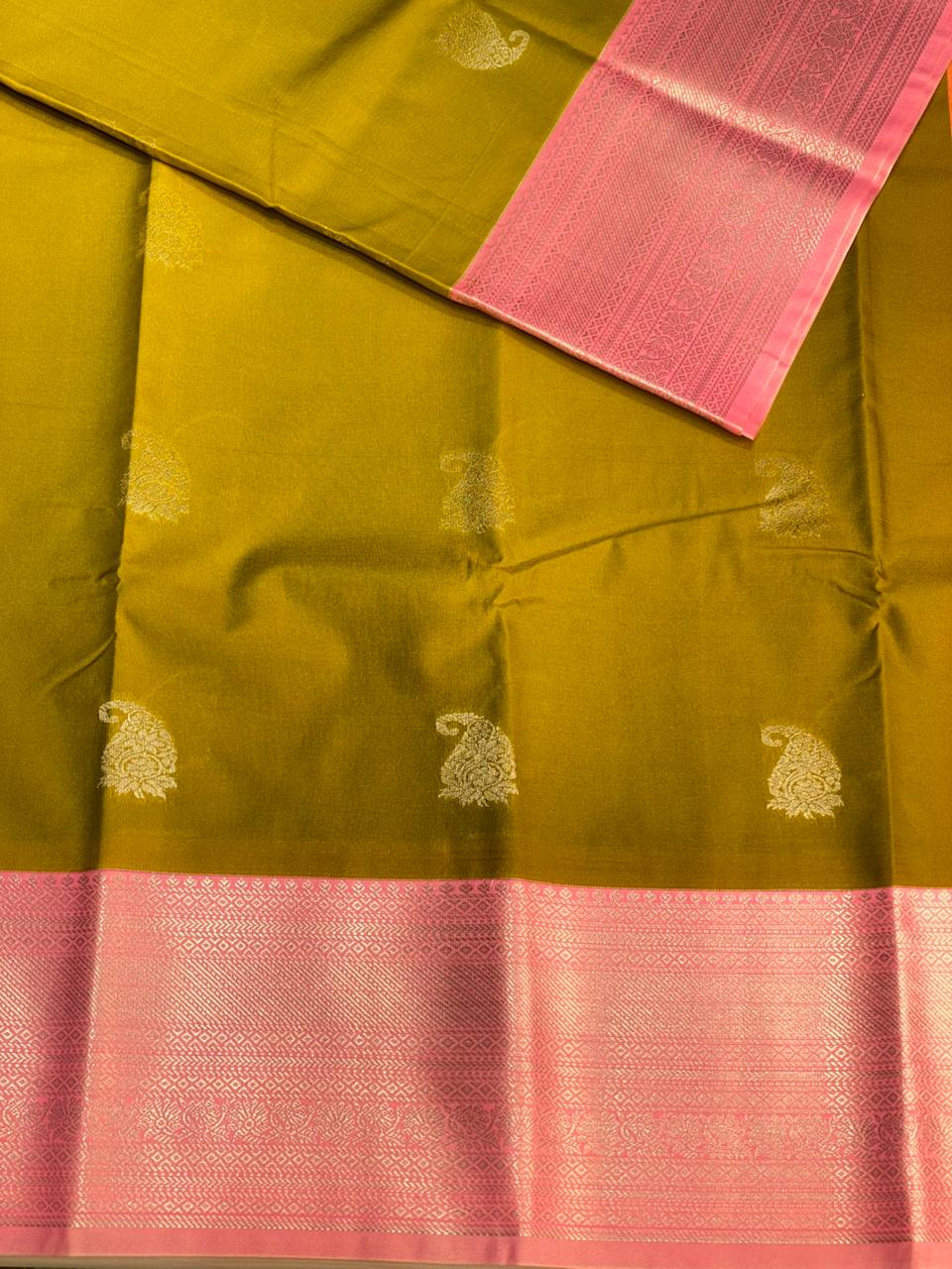 Olive Green and pink silk saree- PSSR49