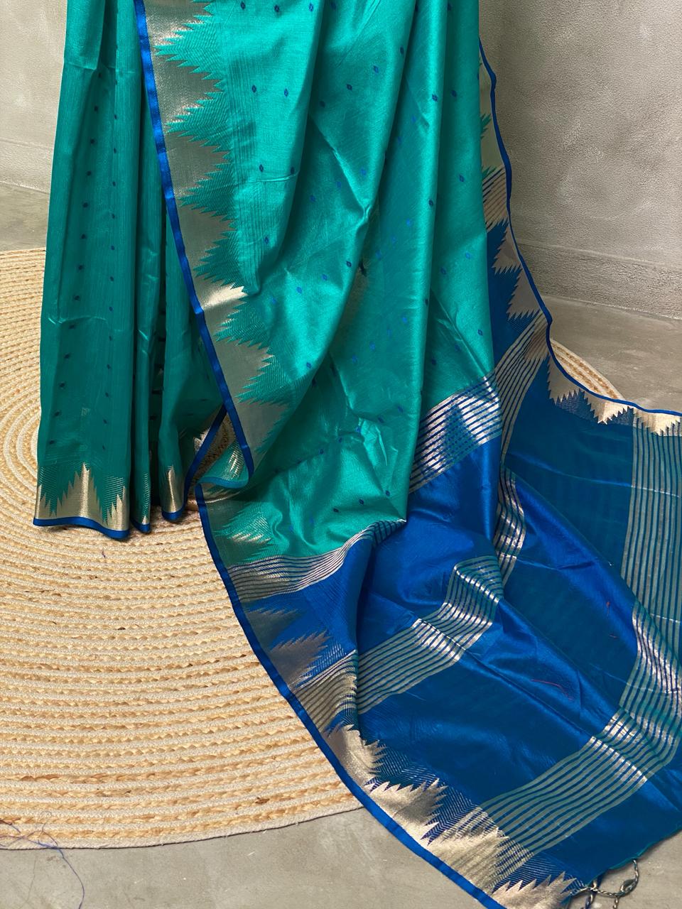 Turquoise Blue Tusser silk saree - PSTAB