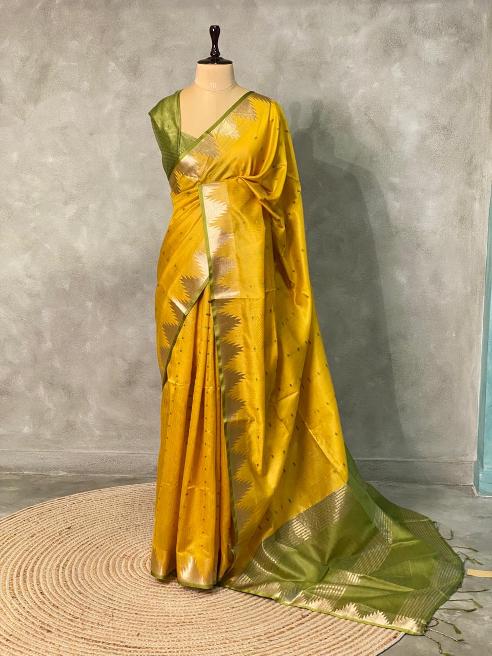 Lime yellow Tusser silk saree - PSTAE