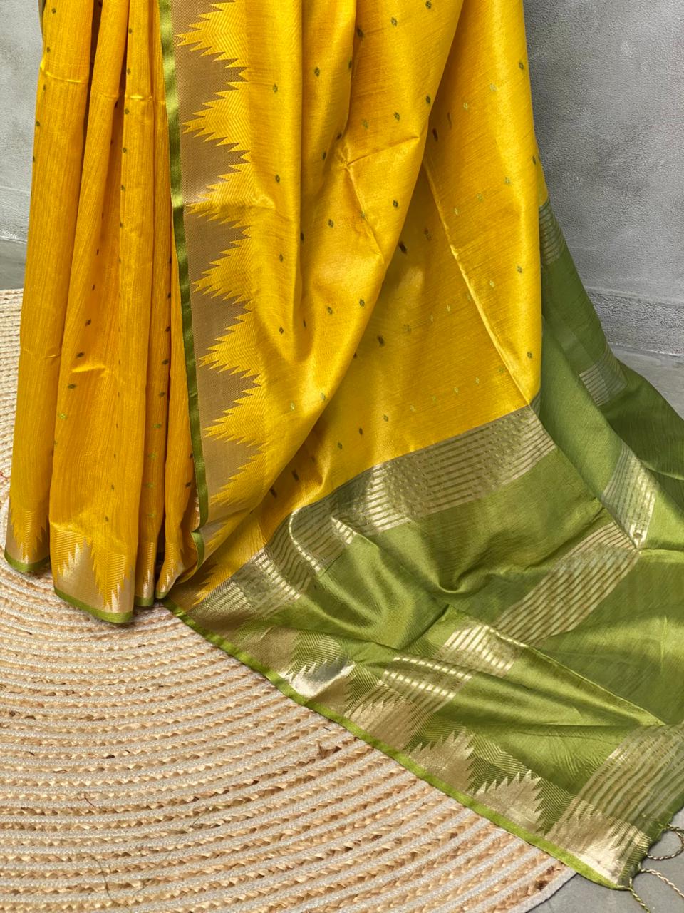 Lime yellow Tusser silk saree - PSTAE