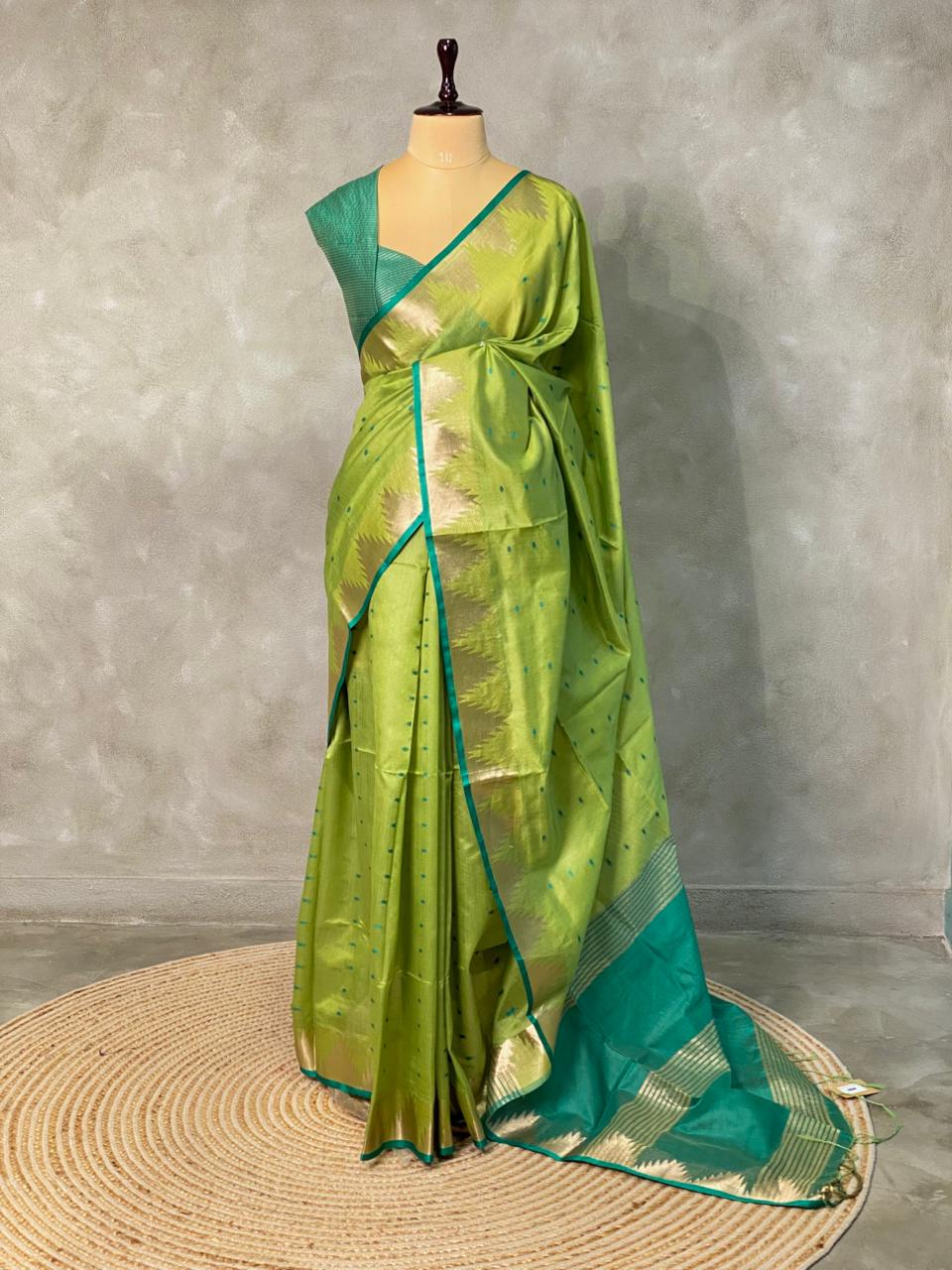 Parrot Greeen Tusser silk saree - PSTAF
