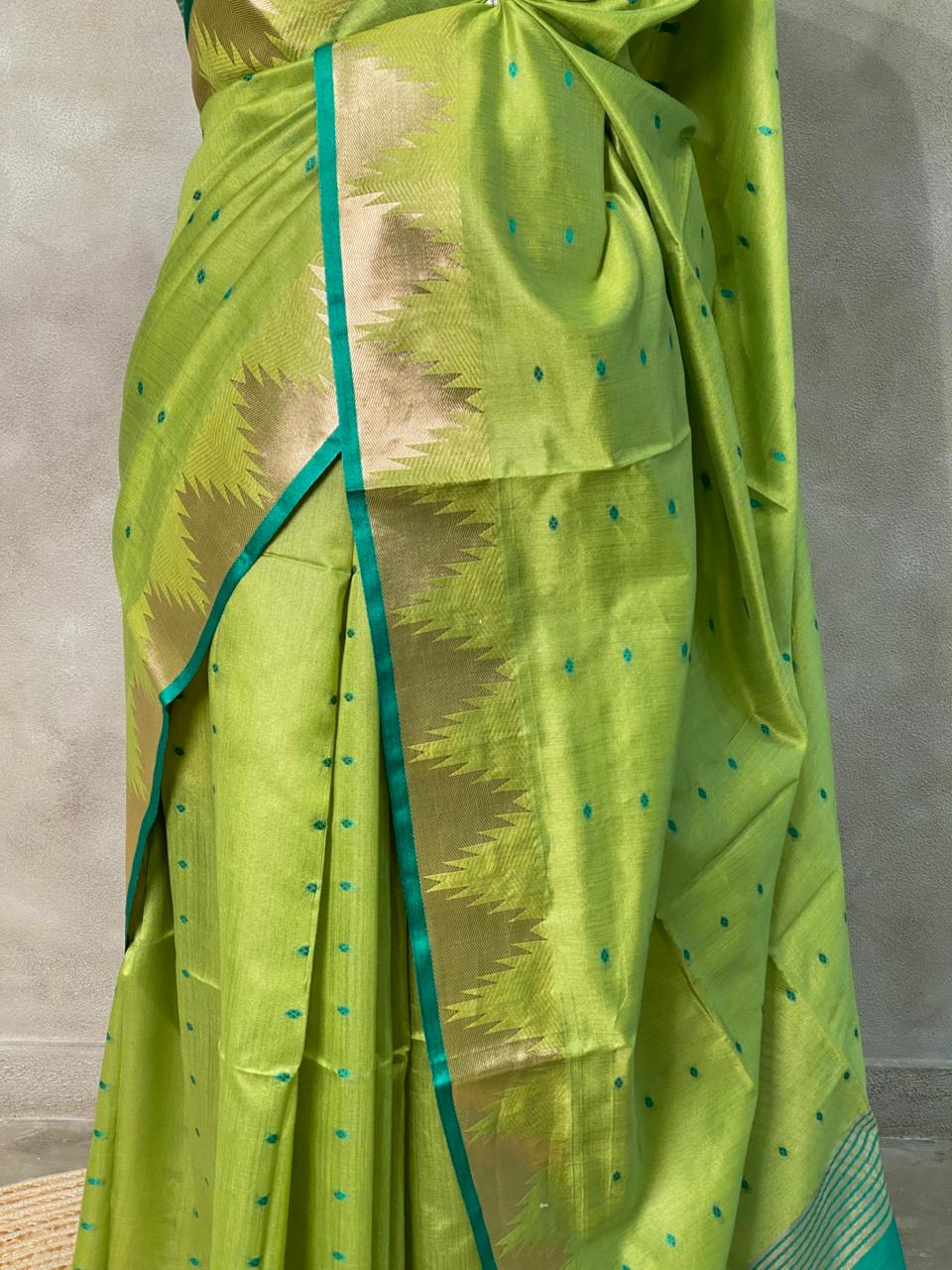 Parrot Greeen Tusser silk saree - PSTAF