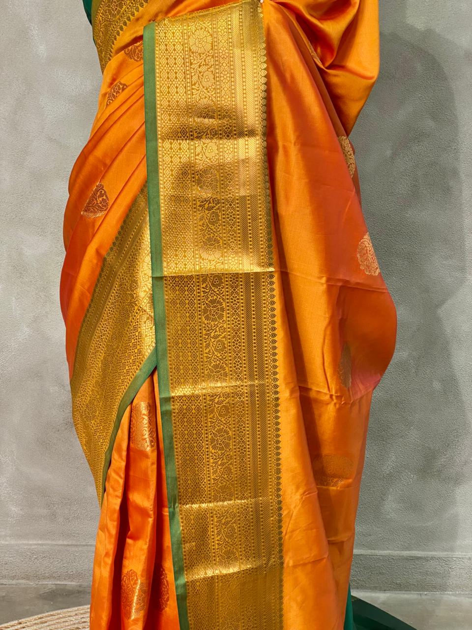 Mustard yellow and Green semi kanchipuram soft silk saree - PSSN9