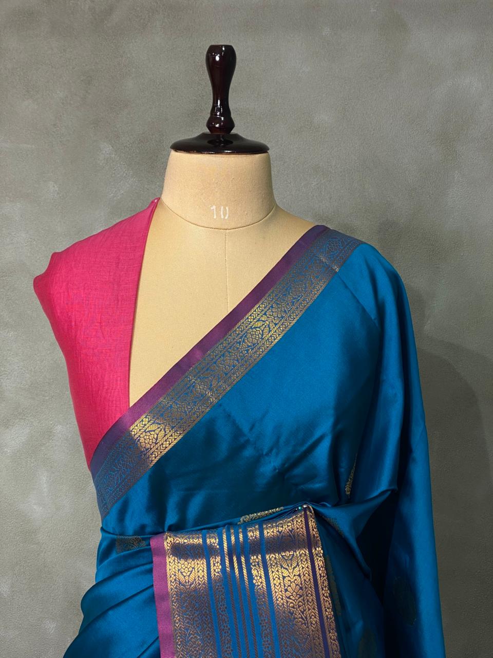 Teal blue and purple semi kanchipuram soft silk saree - PSSN25