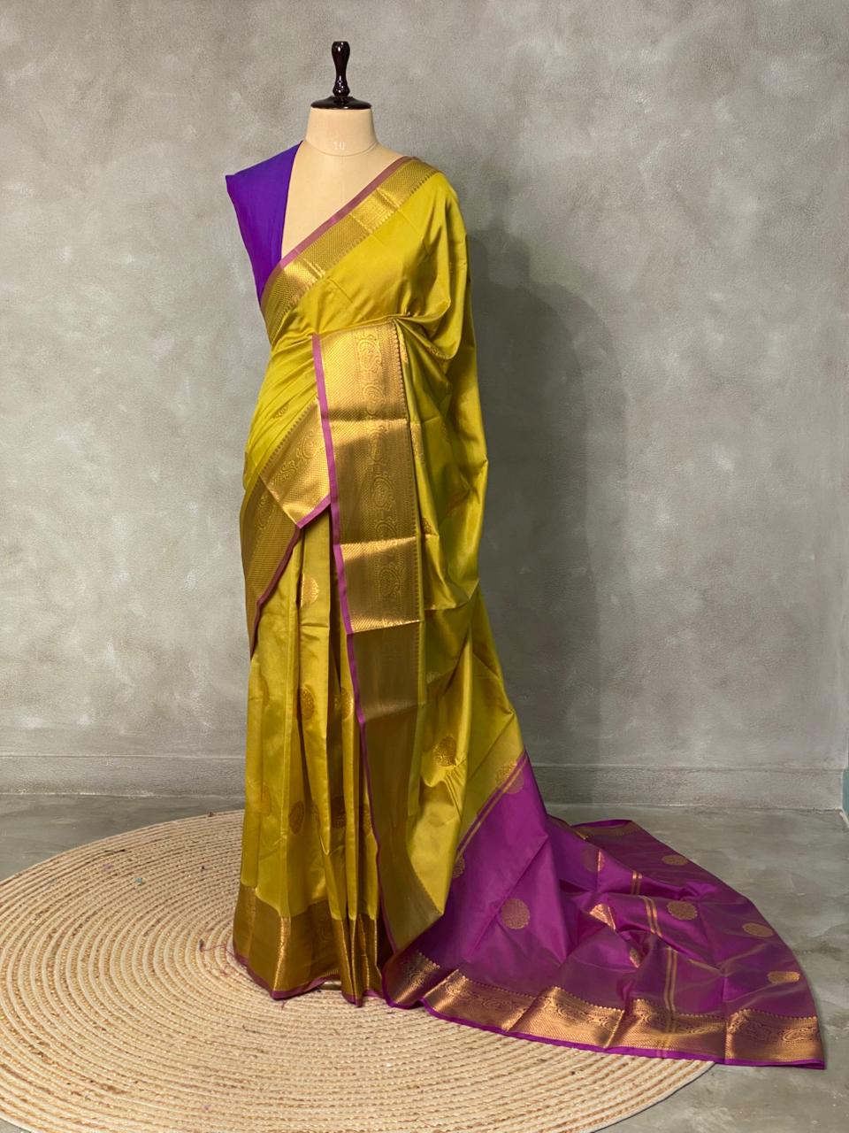 Olive green and purple semi kanchipuram soft silk saree - PSSN32