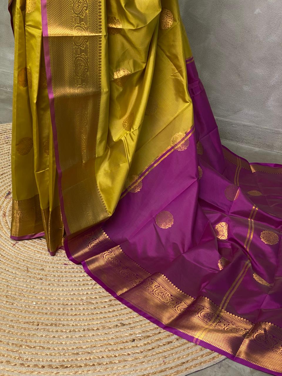 Olive green and purple semi kanchipuram soft silk saree - PSSN32