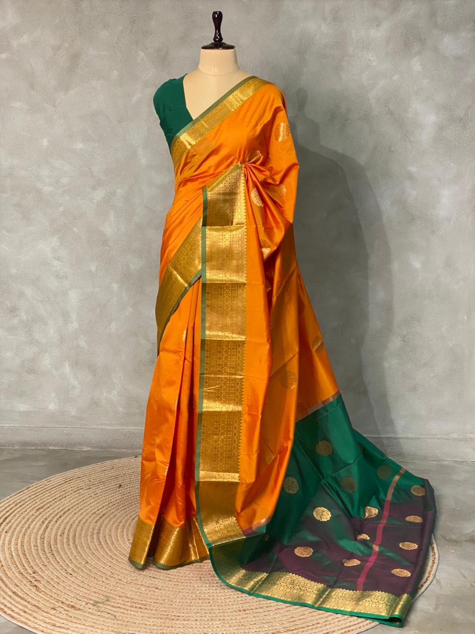 Mustard yellow and Green semi kanchipuram soft silk saree - PSSN39
