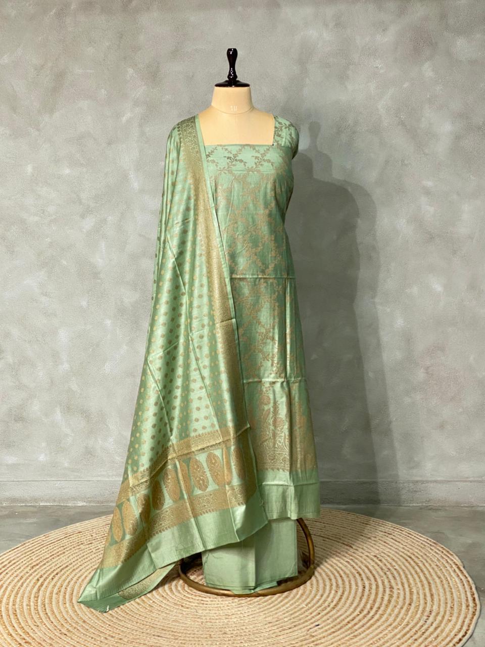 Pastal green Chiniya Silk unstitched salwar set: PBRUS4A