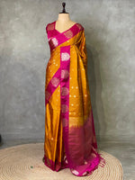 Mustard Yellow and Rani Pink pure soft silk saree - PSOFTA
