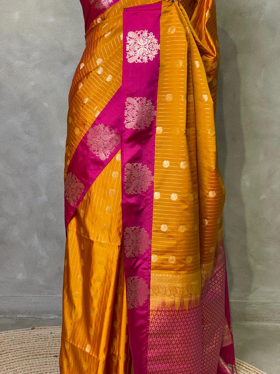 Mustard Yellow and Rani Pink pure soft silk saree - PSOFTA