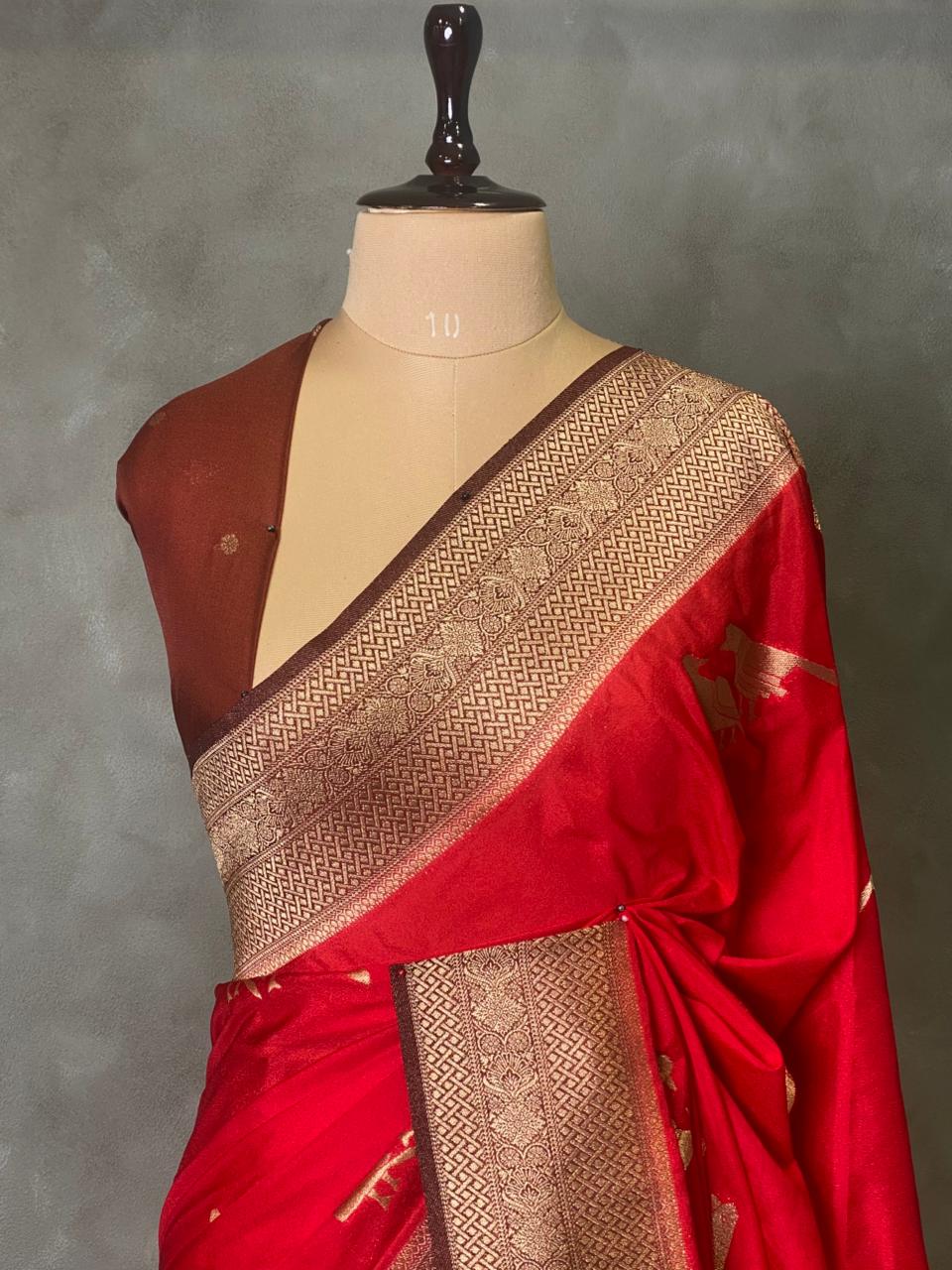 Red and Brown banarasi Crepe silk saree - PBC1