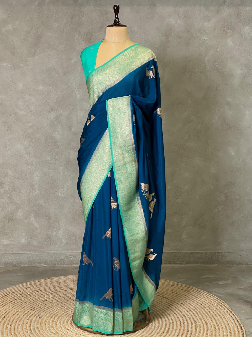 Teal and Ocean blue banarasi Crepe silk saree - PBC2