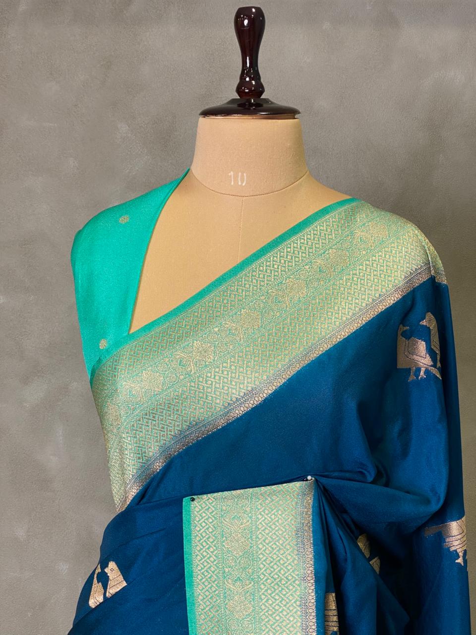 Teal and Ocean blue banarasi Crepe silk saree - PBC2