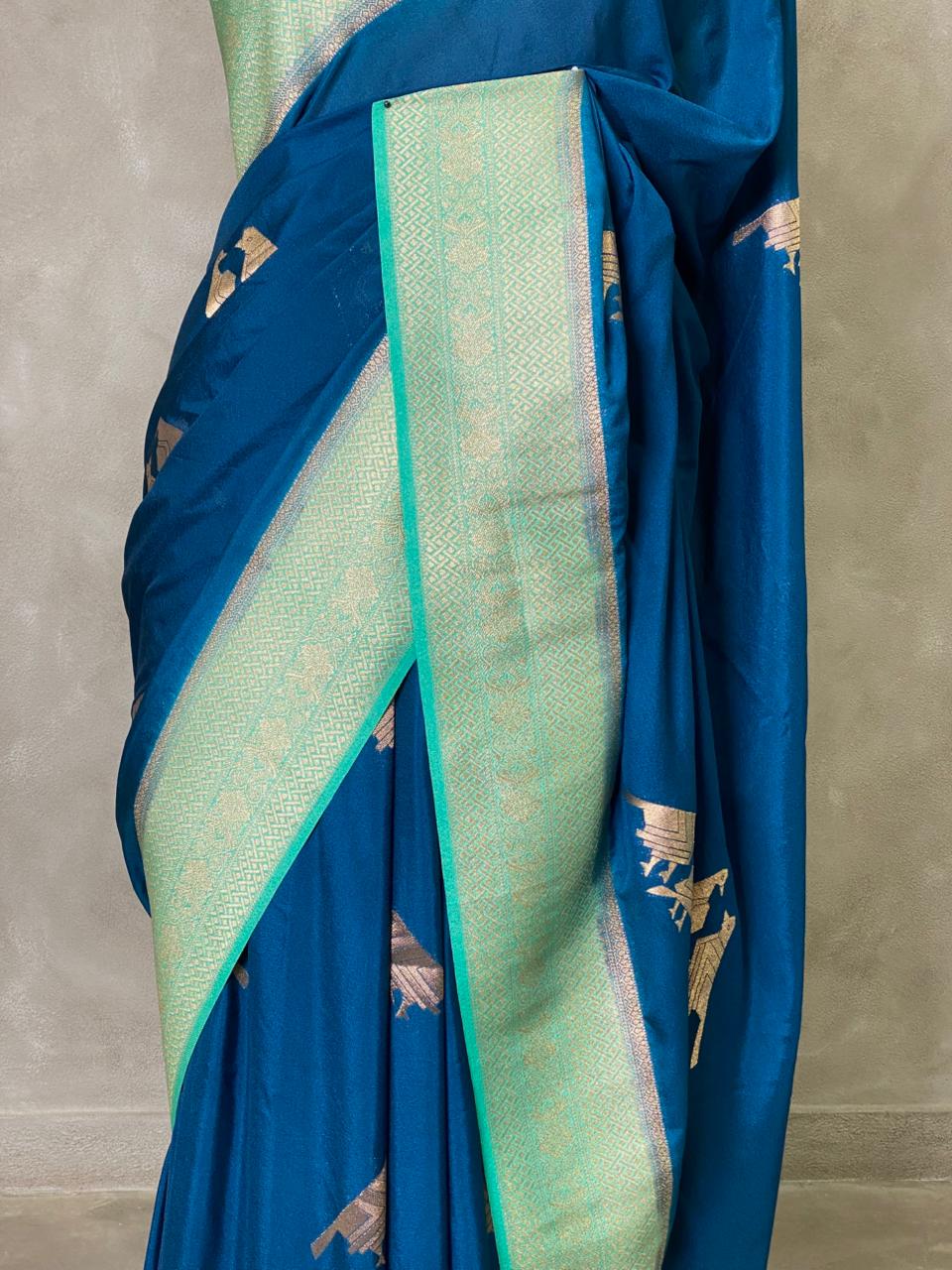 Teal and Ocean blue banarasi Crepe silk saree - PBC2