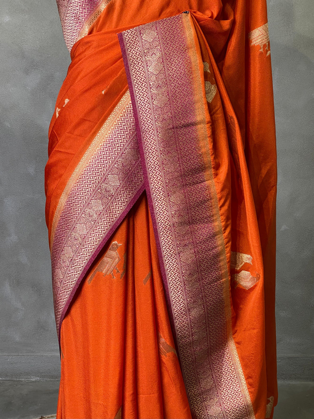 Rust orange and wine Banarasi Crepe silk saree - PBC8