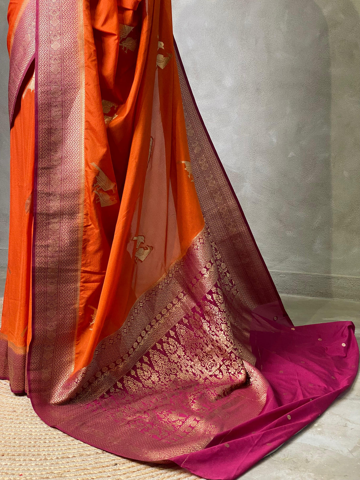 Rust orange and wine Banarasi Crepe silk saree - PBC8