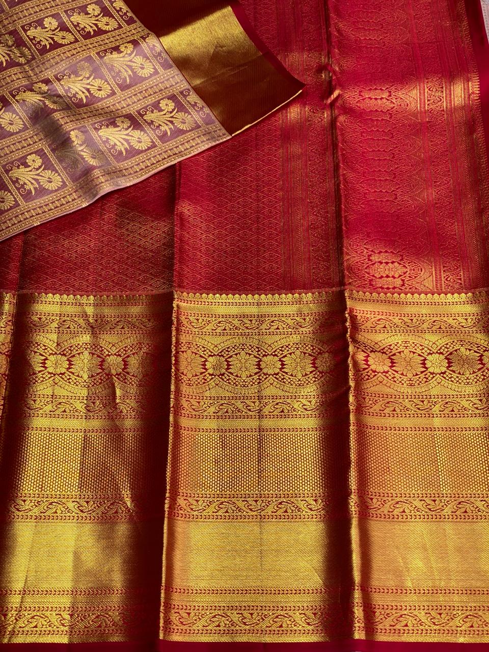 Lavender and Red Pure tissue Kanchipuram Silk saree - PPURE30