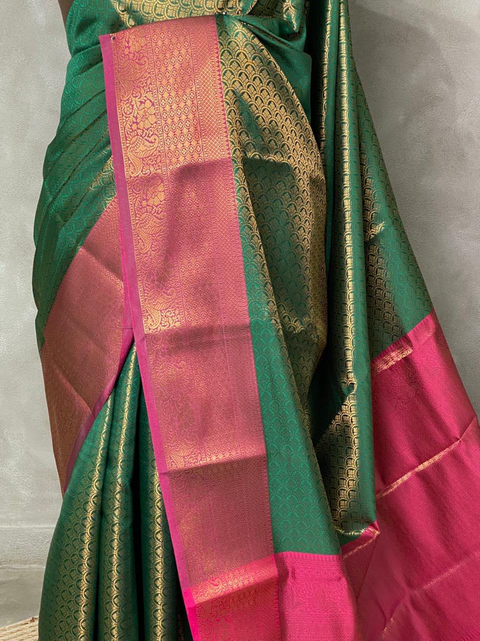 Green andmagenta Semi brocade Banarasi silk saree- PBROD