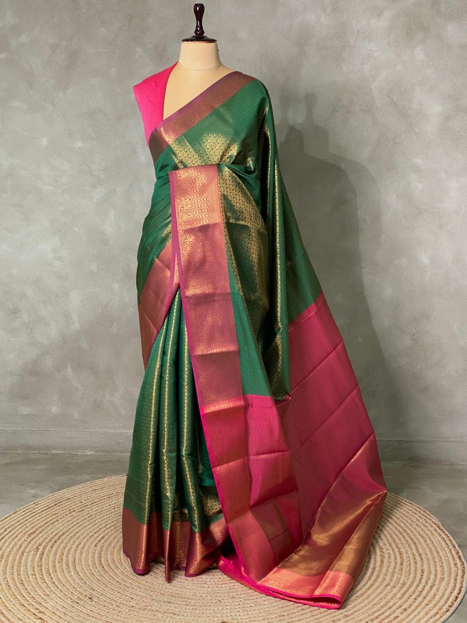 Green andmagenta Semi brocade Banarasi silk saree- PBROD