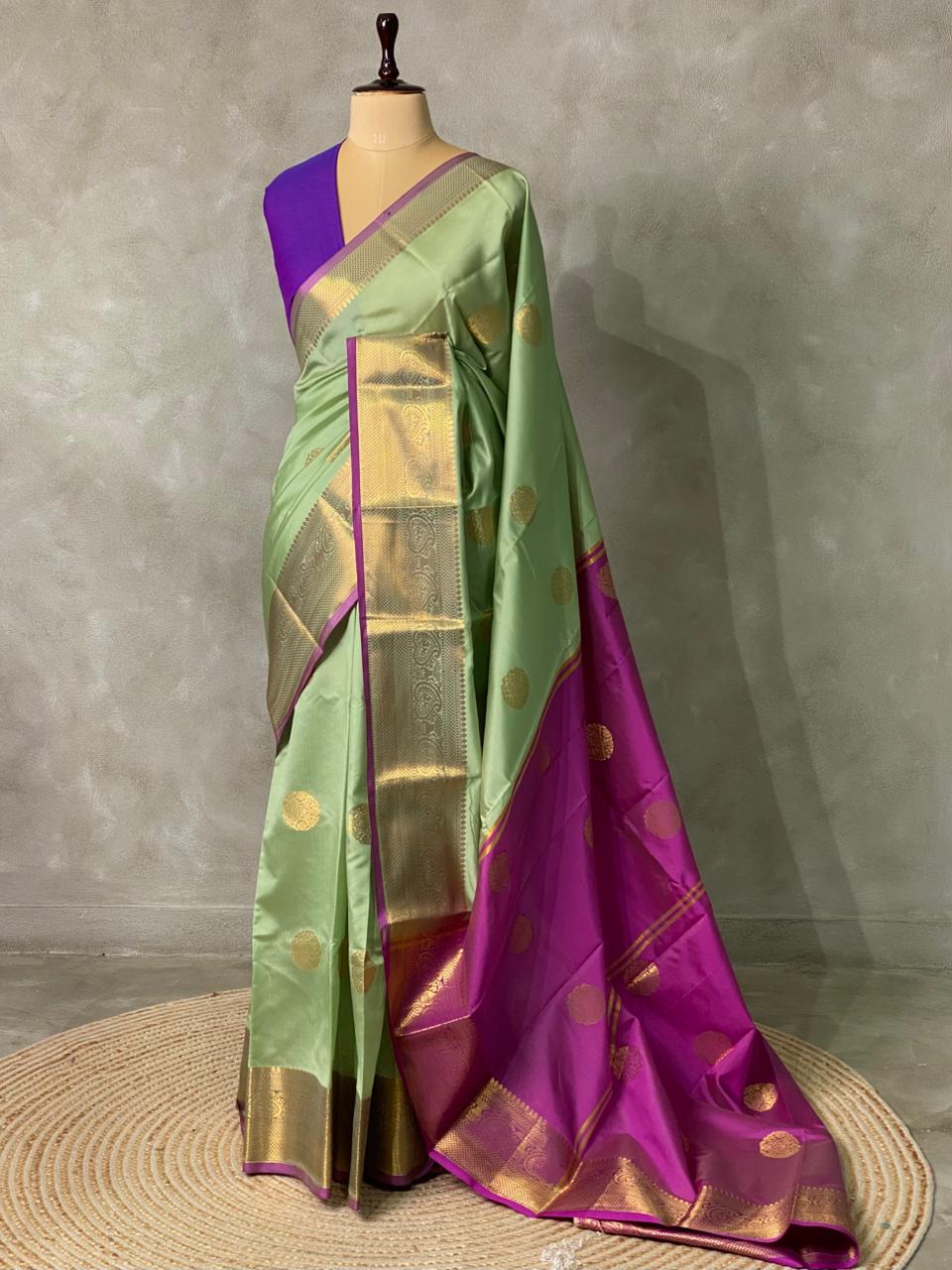 Pastal Green and purple semi kanchipuram soft silk saree - PSSN91